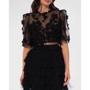 HELSI Women's‎ Floral Appliqué Mesh Crop Top Black Size Large NEW $295 MSRP